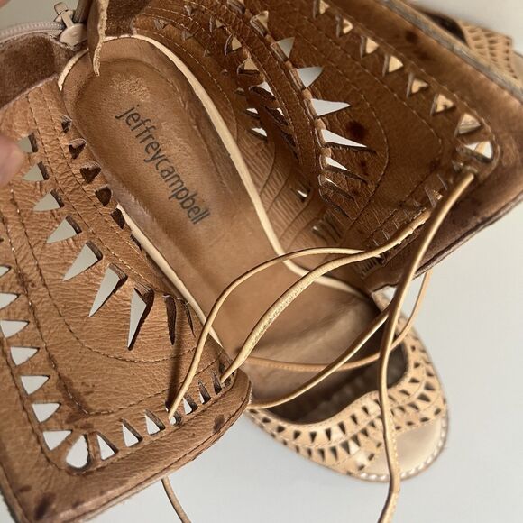Jeffrey Campbell Cordillo Natural Tan Leather Laser Cut Block Heels Size 8.5 - Picture 10 of 10